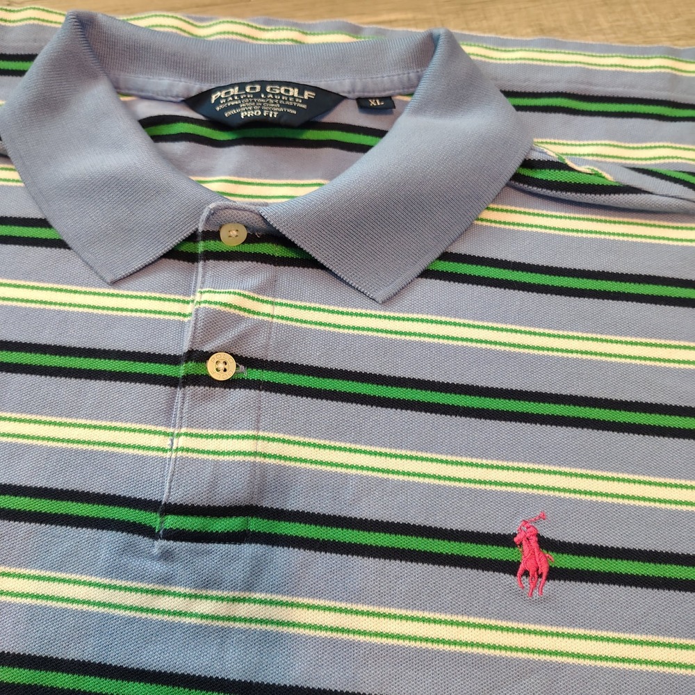 Polo Golf Ralph Lauren Mens XL Pro Fit Pima Cotton Striped Polo Shirt Blue Green